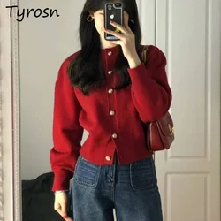 Knitted Cardigan Women Buttons O-neck Long Sleeve Retro High-end Red Sweaters Design Cropped Tops Korean Popular Streetwear New