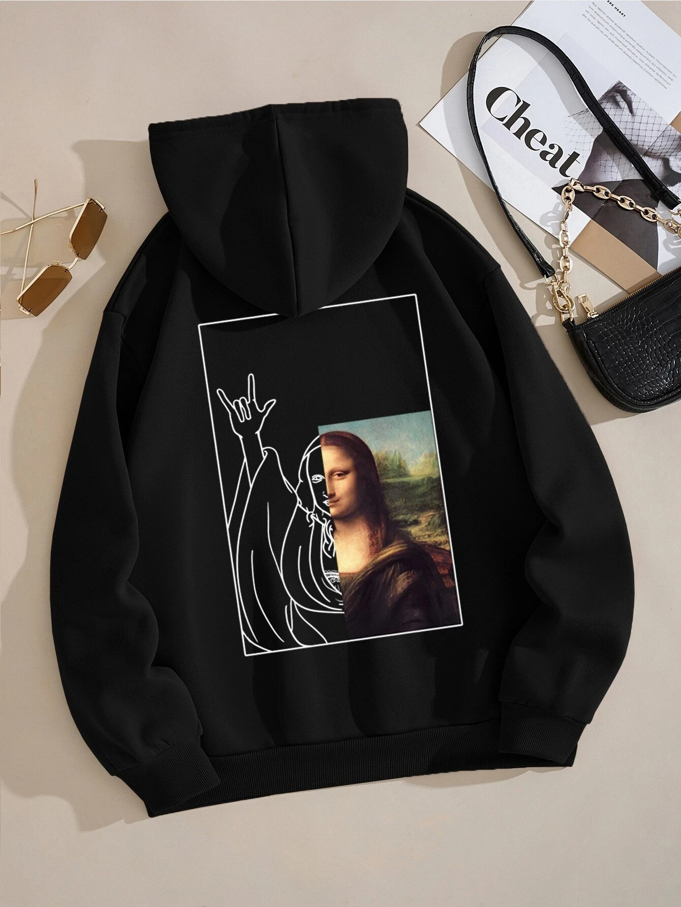 

Biye'S Mona Lisa Printed Sweatshirt Women Harajuku Casual Loose Hooded Fashion Soft Pocket Hoodies Autumn Warm Female Clothes
