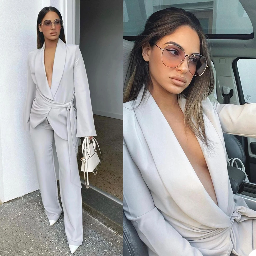 2Pcs Sexy Shawl Lapel Women Suits Jacket Lace Up Deep V Neck Custom Made Blazer Wide Legs Trousers Daily Power Party Suits