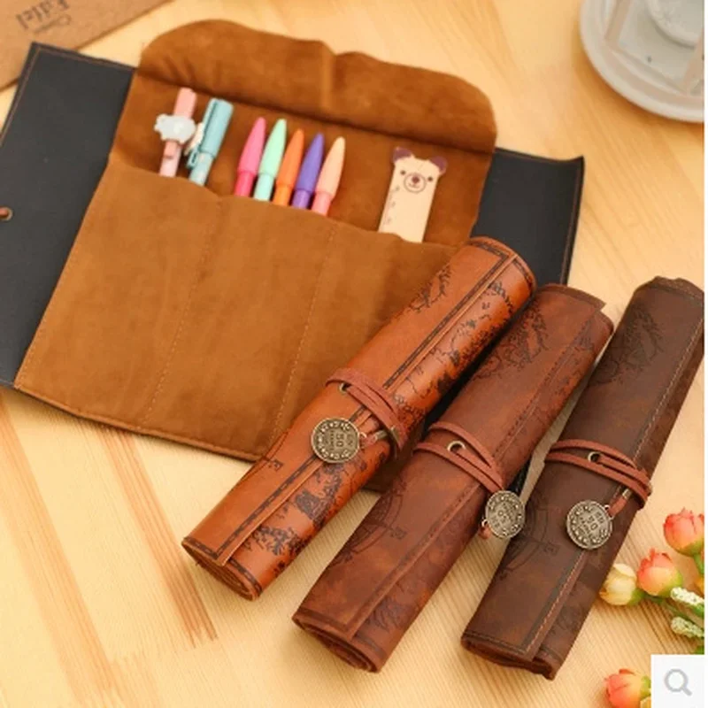 

1Pcs European Retro Treasure Map Leather Pencil Bag Pluggable Pencil Pens Storage Bag Sketch Colored Pencil Volume High Capacity