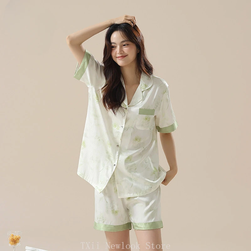 

TXii Newlook Little Fresh Summer Women's Pajamas Ice Silk Thin 2024 New Cool Short Sleeve Imitation Silk Pajama Set M-2XL