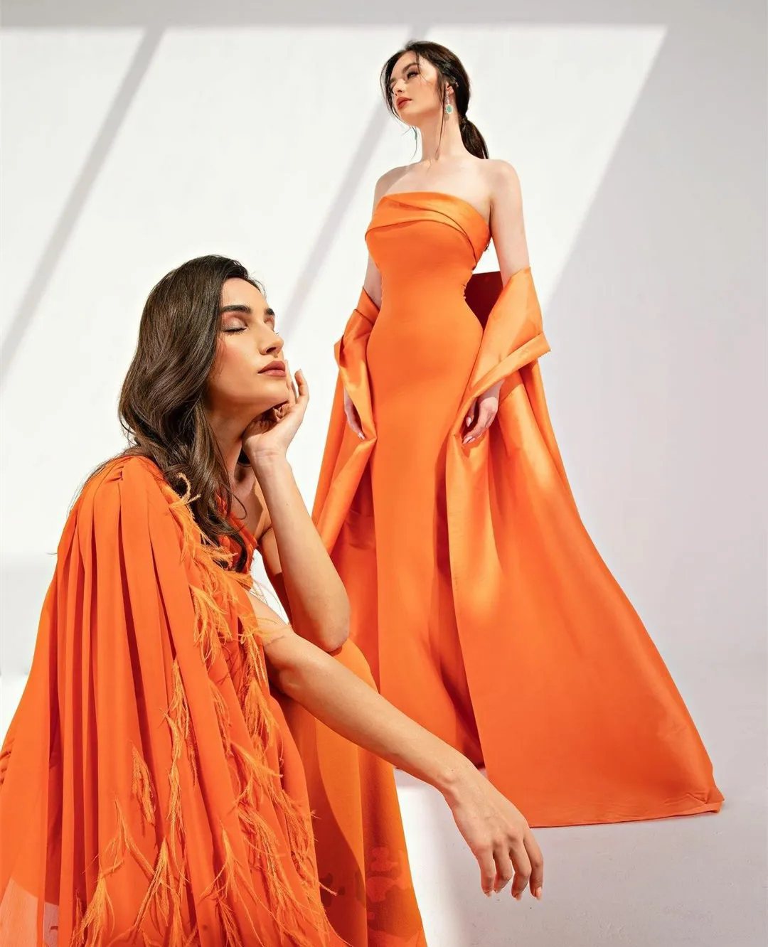 

Women's Orange Satin Prom Dresses for Musilm Removable Train Strapless Trumpet Evening Dress for Juniors Saudi فساتين السهرة