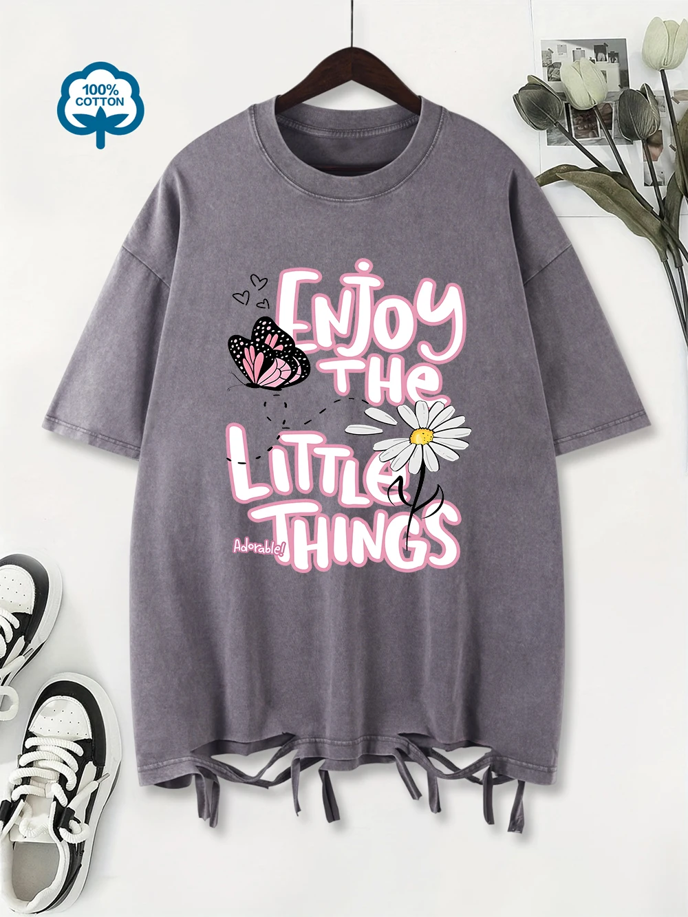 Oversized Washed T-Shirts Womens Cotton Enjoy The Little Things Prints T Shirt Summer Comfortable O-Neck Streetwear Y2K Clothes