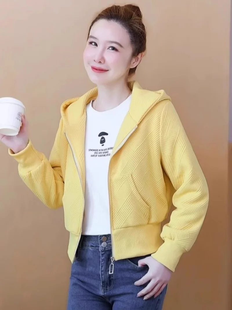 

Baseball Jacket Short Women's Clothing Spring Autumn New Item Popular Casual Solid Color Zipper Coat Hooded Top W1817