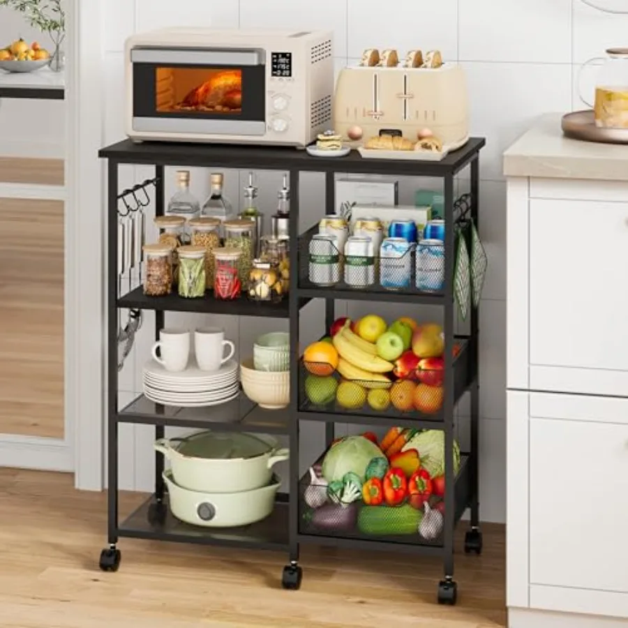 Kitchen Island Carts on Wheels with Storage - 4-Tier Microwave Table Utility Cart with Hooksand Locking Casters - Rolling Kitch