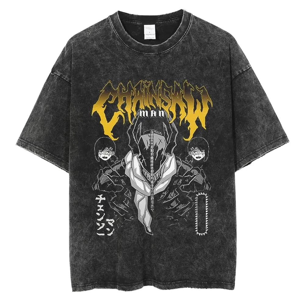 

Футболка Chainsaw Man Denji из винтажного выстиранного хлопка, унисекс, летняя, оверсайз, уличная одежда, в стиле дэт-метал, аниме, повседневные топы, коллекция 2026