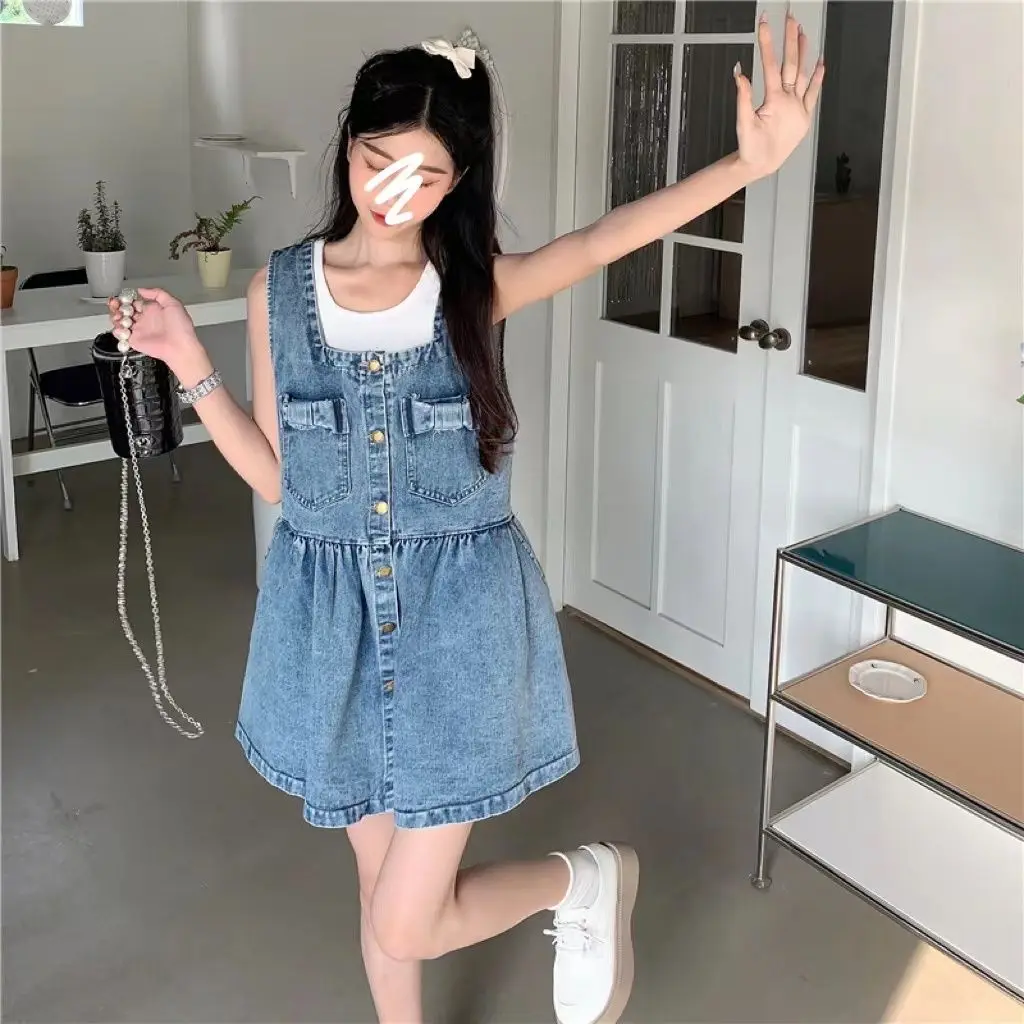 

Temperament High-end Bow Denim Strap Skirt Women Summer New Design Belly-tightening Slimming Dress