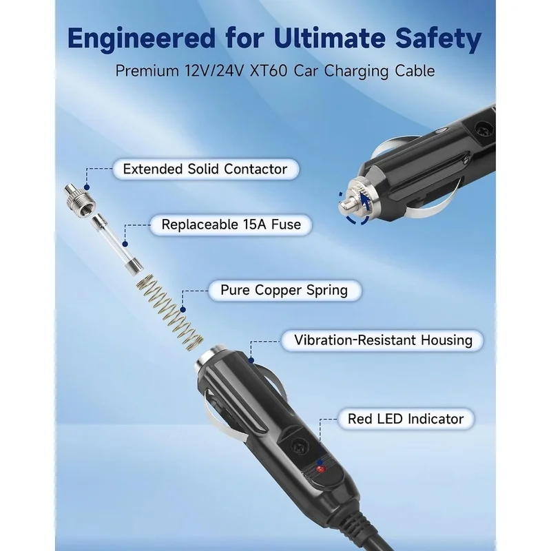 12V/24V Car Charger to Cable for Power Station 14AWG 6.6FT,with 4 Fuses for 2, EB55 [IANC-]