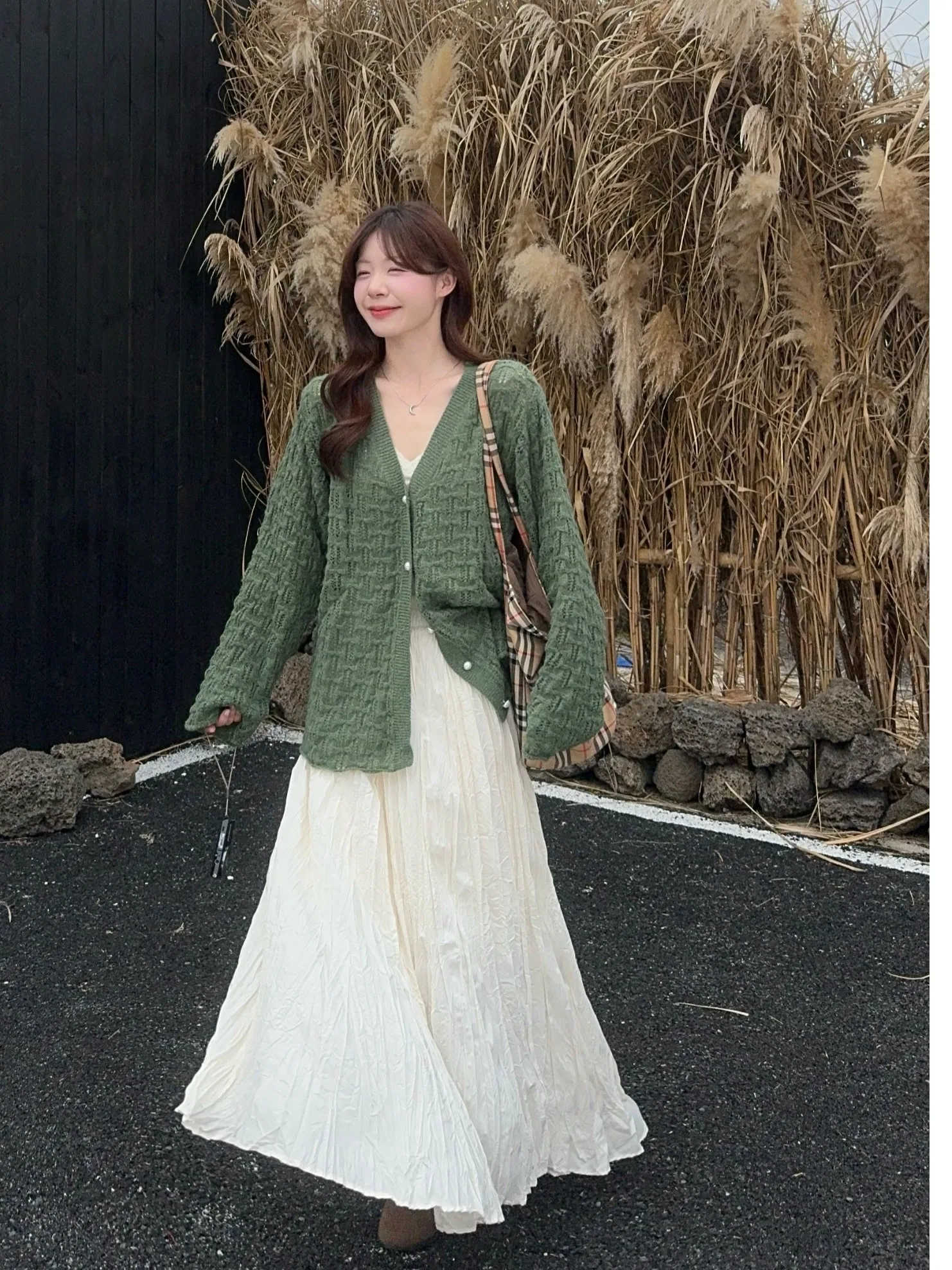 

plus Size Green Knitted Open Cardigan Top Women's High Waist Pleated Skirt Fashion Autumn New Style Korean Loose Fit