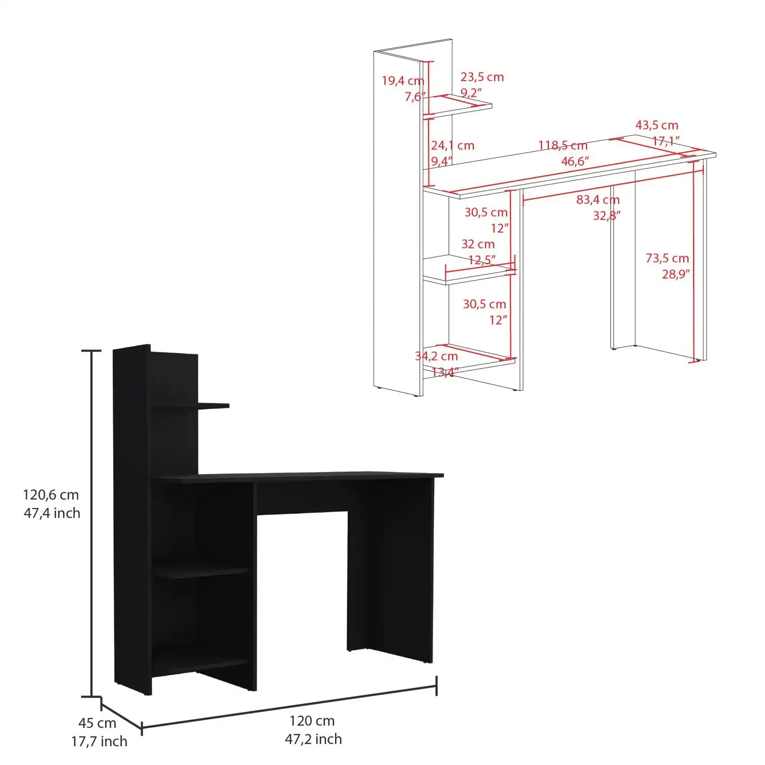 Vilna 120 Writing Desk , Four Shelves Black