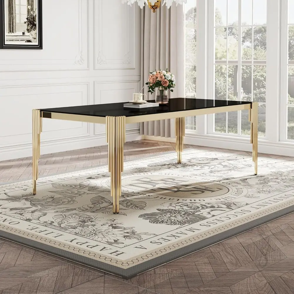 

Обеденный стол из черного закаленного стекла с золотыми зеркальными ножками из нержавеющей стали, на 8-10 человек, подходит для дома и офиса