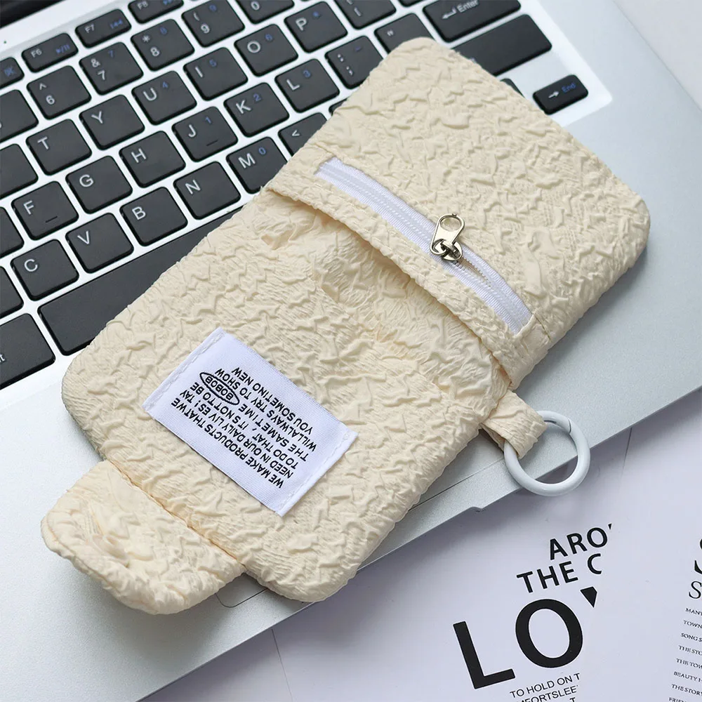 Cream Color Women Wrinkled Coin Purse 3 Pockets Zipper Card Holder Snap Fastener Portable Coin Card Bag Pouch Women Short Wallet