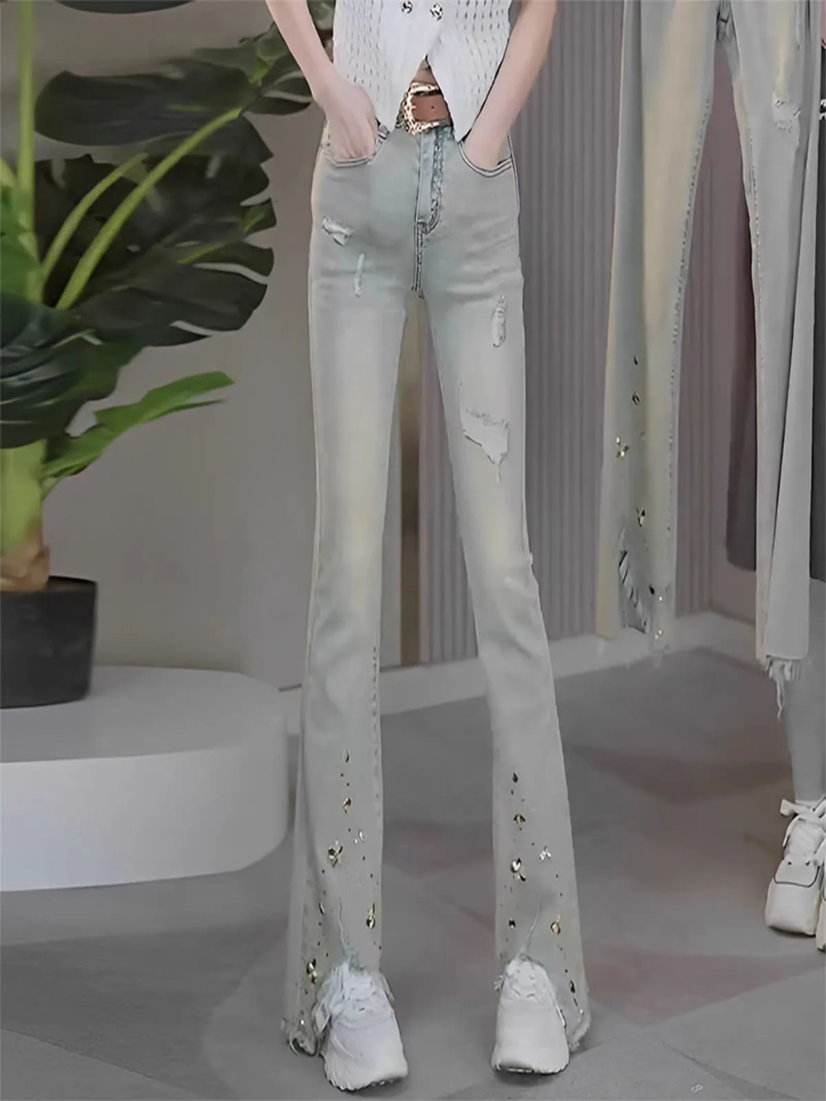 

Retro Light Blue Denim Jeans Women's Spring New Faion Loose Rhinestone Design High Waist Slim Wide Leg Long Pants