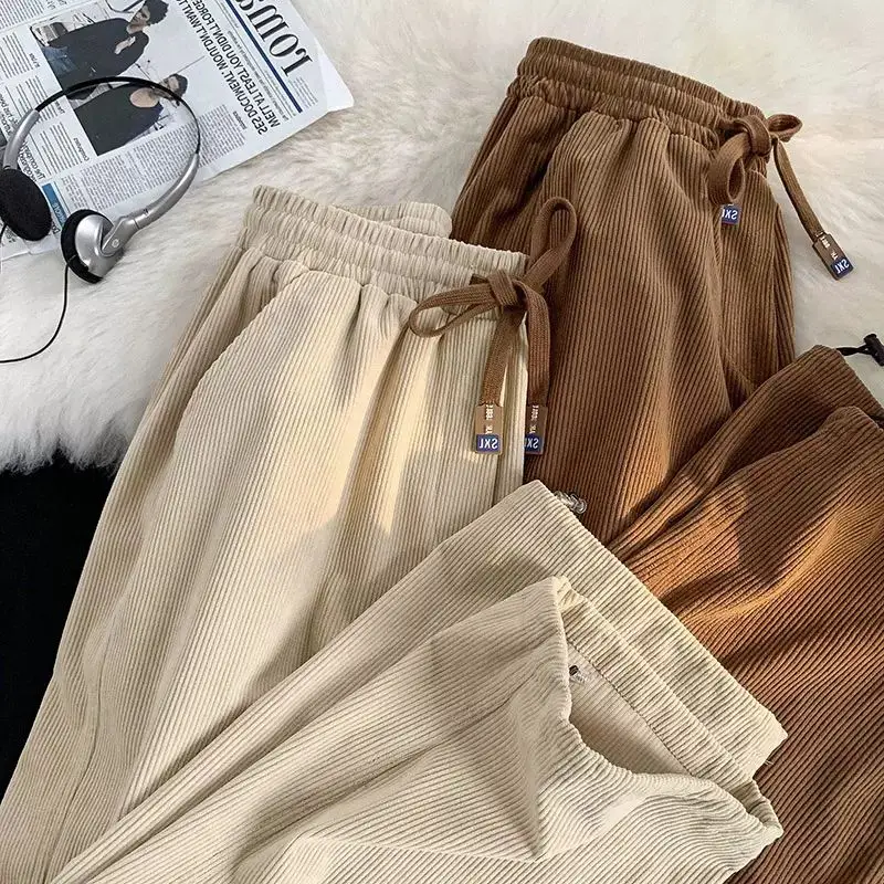 Autumn Winter Men's Corduroy Pants with Drawstring Ankle Binding Loose Wide Leg Pants Straight Leg Casual Trousers