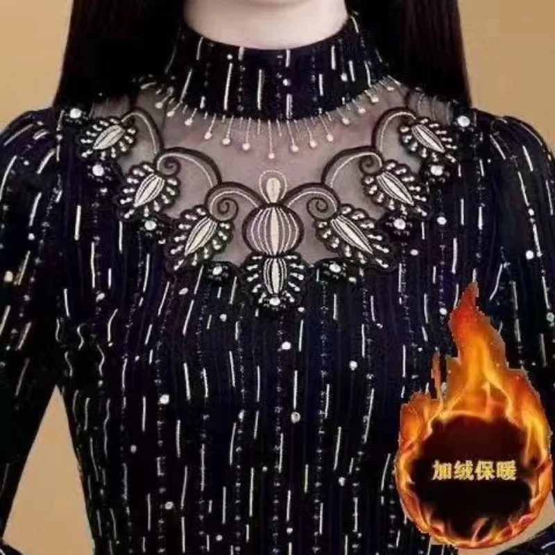 Velvet Lace Bottoming Shirt for Women Autumn Winter New Temperament  Long-sleeved Warm Stand-up Collar Top