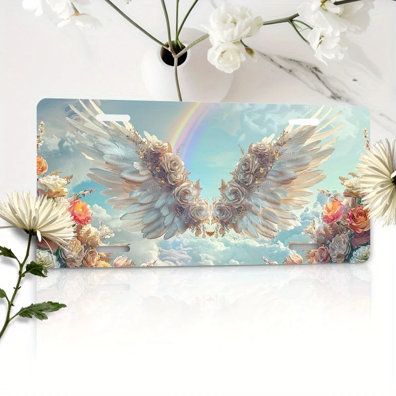 Waterproof Aluminum License Plate with Angel Wing Art Design, Reflective Car Front Label, Decorative License Plate, 6x12 Inches