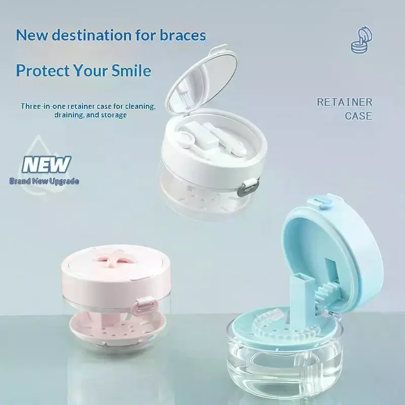 Portable 2 In 1 Multi-layer Denture Retainer Case With Clip-on Cap Cleaning Storage Box With Cleaning Brush No-Leak Oral Box