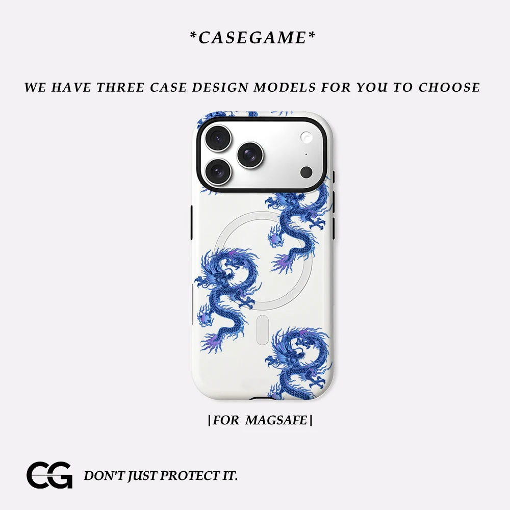 Casegame Matte Bumper für MagSafe Hülle für iPhone 17 16 15 14 Plus 13 Pro Max Stoßfeste Harte PC-Hülle Blauer Drachen Tattoo Art Cover