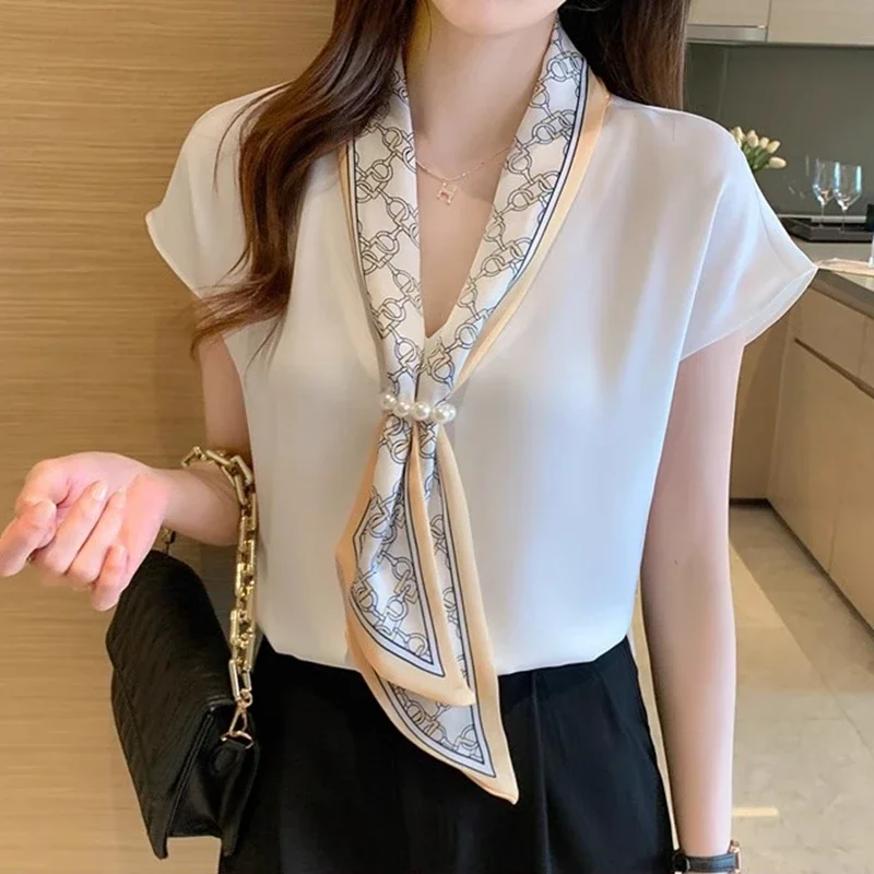 Summer Blusas Women 2024 Simple Office Lady Chiffon Blouse Female Shirt Lace-Up Tops Casual Korean OL Style Loose Pink Blouses