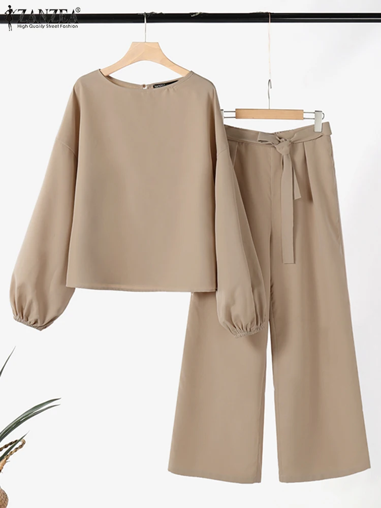 ZANZEA Autumn Fashion Trouser Suits Elegant Casual Long Lantern Sleeve Blouse OL Pant Sets Stylish Women Work Two Pieces Sets