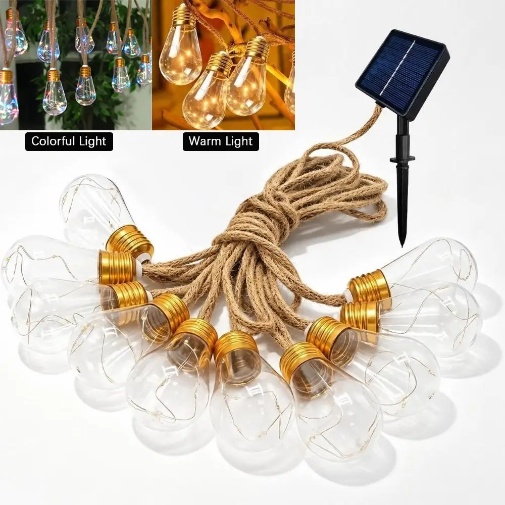 Waterproof 10/16 LED Solar String Light Bulbs with Hemp Rope Warm/Colorful Light Hanging Light Bulbs Bulb String Light Patio