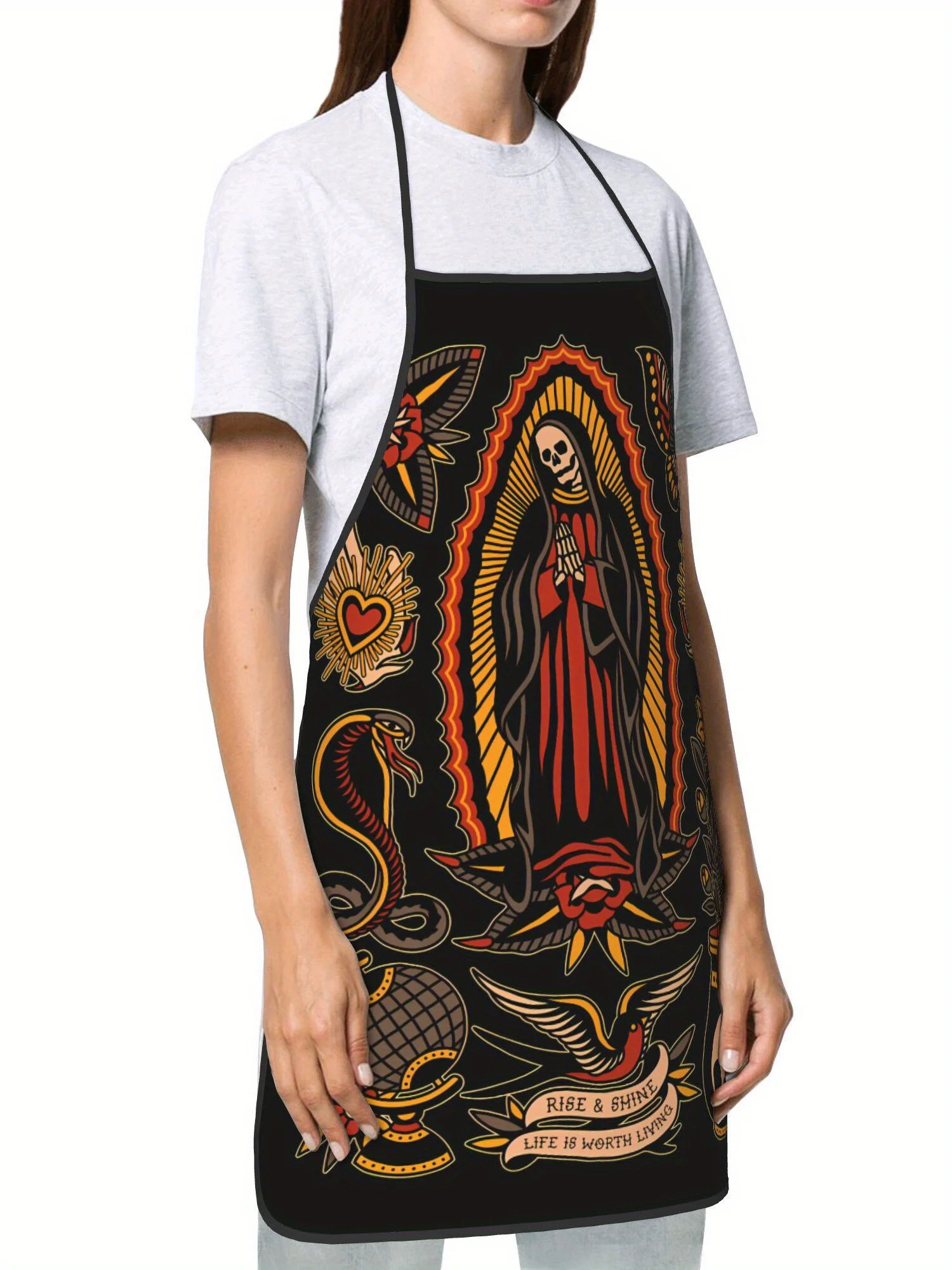 Skull & Floral Tattoo Theme Apron, Durable & Stain-Resistant, Chef Cooking Restaurant Apron