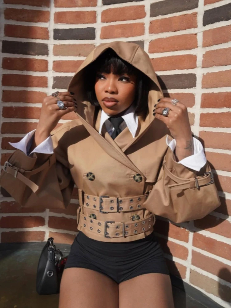 

Элегантная короткая куртка с капюшоном и поясом, женская куртка цвета хаки с длинными рукавами и пуговицами, v-образным вырезом, лоскутная женская верхняя одежда, осень 2021, модное женское пальто