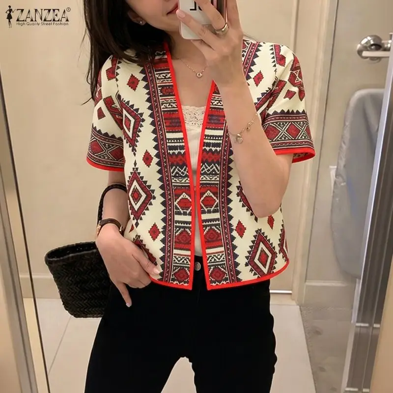 

Women Casual Ethnic Printing Short Cardigans 2026 Summer Open-Front Short Sleeve Shirts ZANZEA Vacation Beach Cover-Up Tops