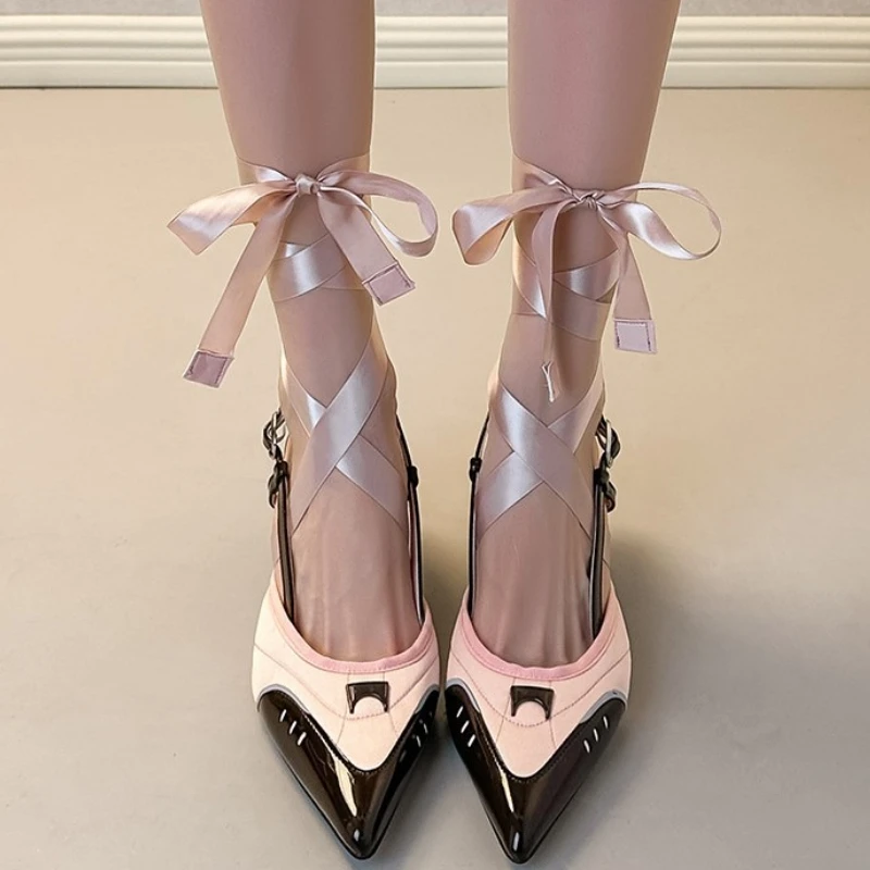 Fashion Wedge Mary Jane Shoes Women Pointed Toe Pumps Riband Elegant High Heels Dress Shoes Designer Brand Sandals for Women