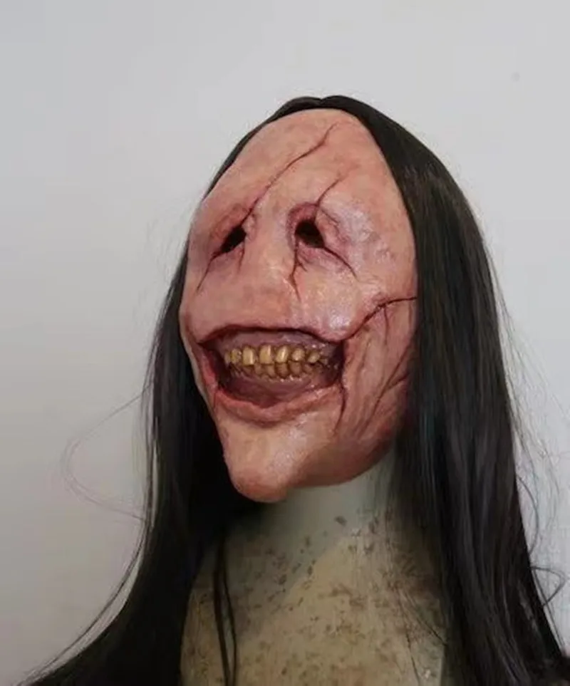 Halloween Terror Long Hair Demon Mask, Red Face, Exposed Teeth, Latex, Party