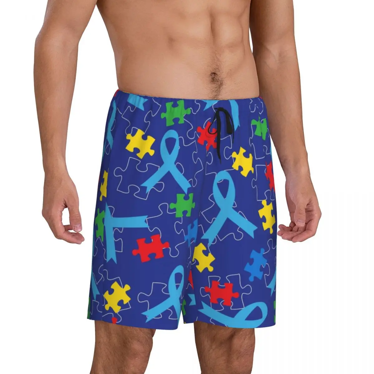 Custom Print Men's Autism Puzzle Piece Ribbon Pattern Pajama Bottoms Sleepwear Pjs Sleep Shorts with Pockets