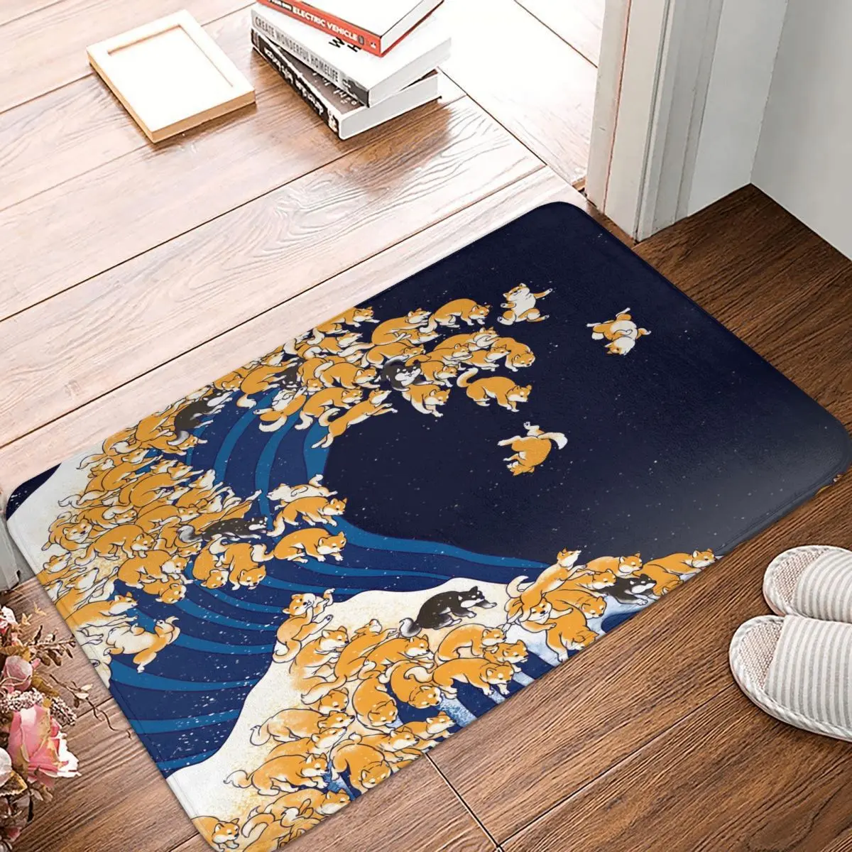 Shiba Inu The Great Wave In Night Bath Mat Puppy Ocean Toilet Pad for Shower Home Entrance Anti Slip Floor Mat Bathroom Mats