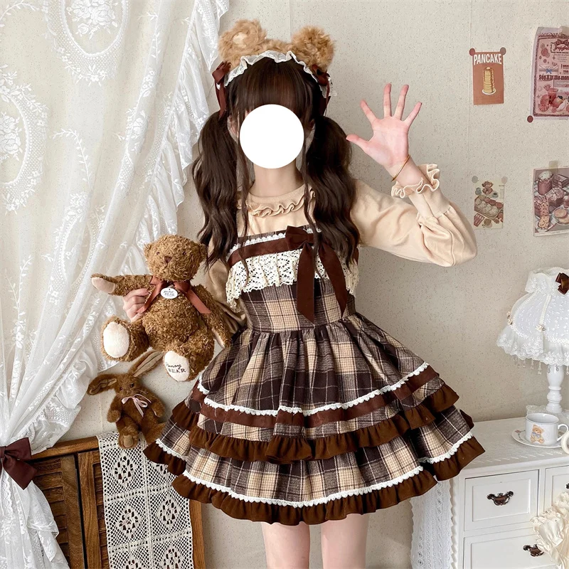 Autumn Winter Academy Style Lolita Set Detachable Fleece Neck Short Skirt Three Piece Brown Plaid Lolita Skirt