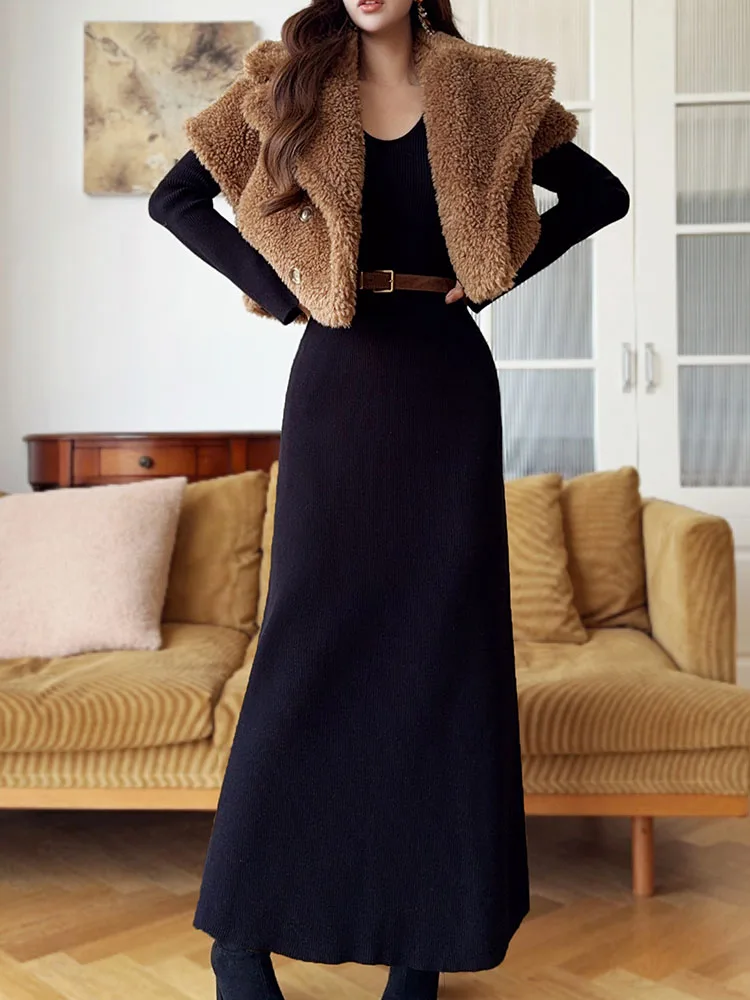 French Elegant Socialite Knitted Inner Dress U Neck Horn Sleeve High Waist Slim Hip-Wrapped Simple Long Dress For Women Winter