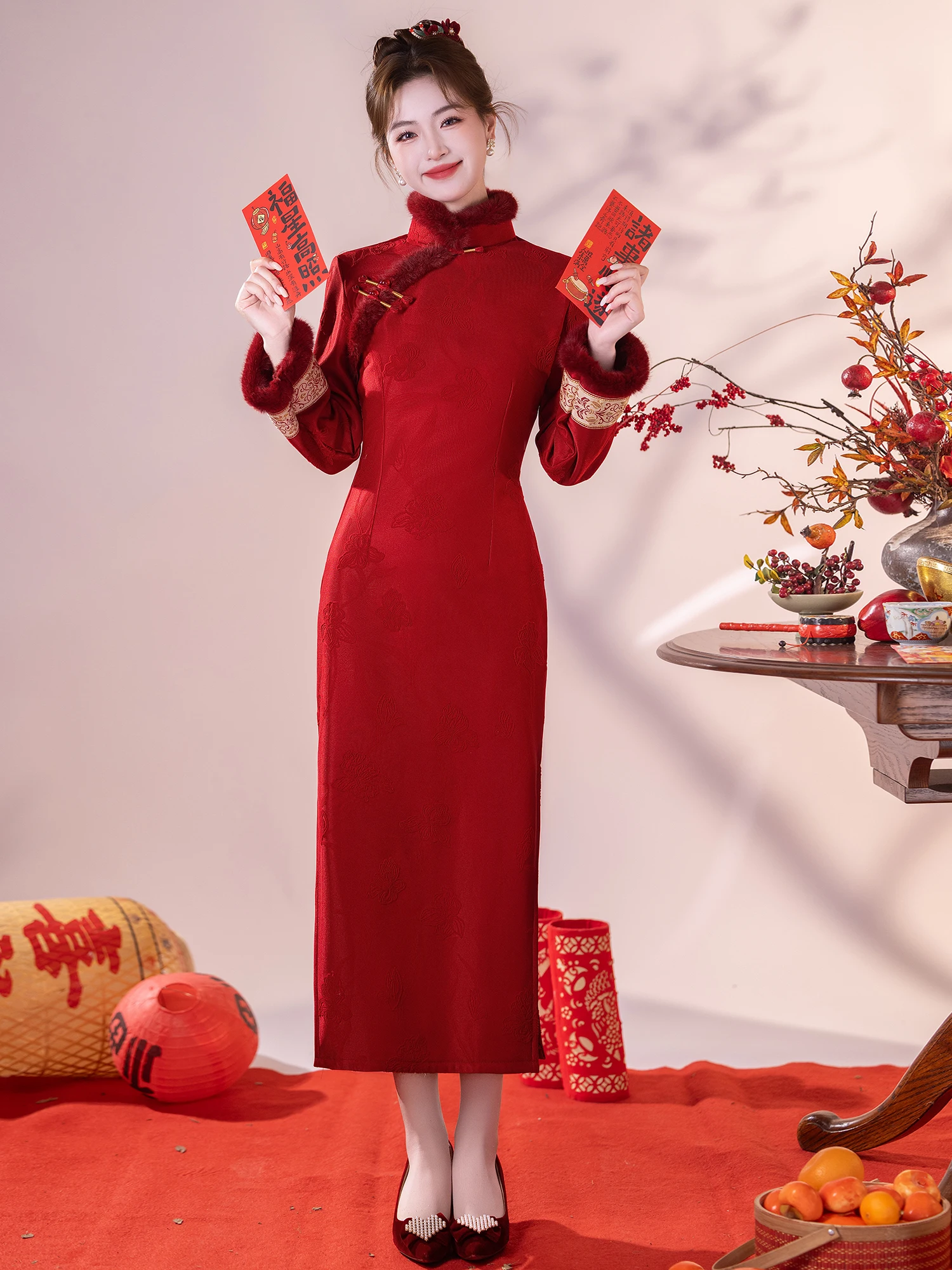 

Red Wedding Dr Thiened Fce Winter New Chinese Sle Long Sve Full Length Warm Daily Wear Pure Color Gown