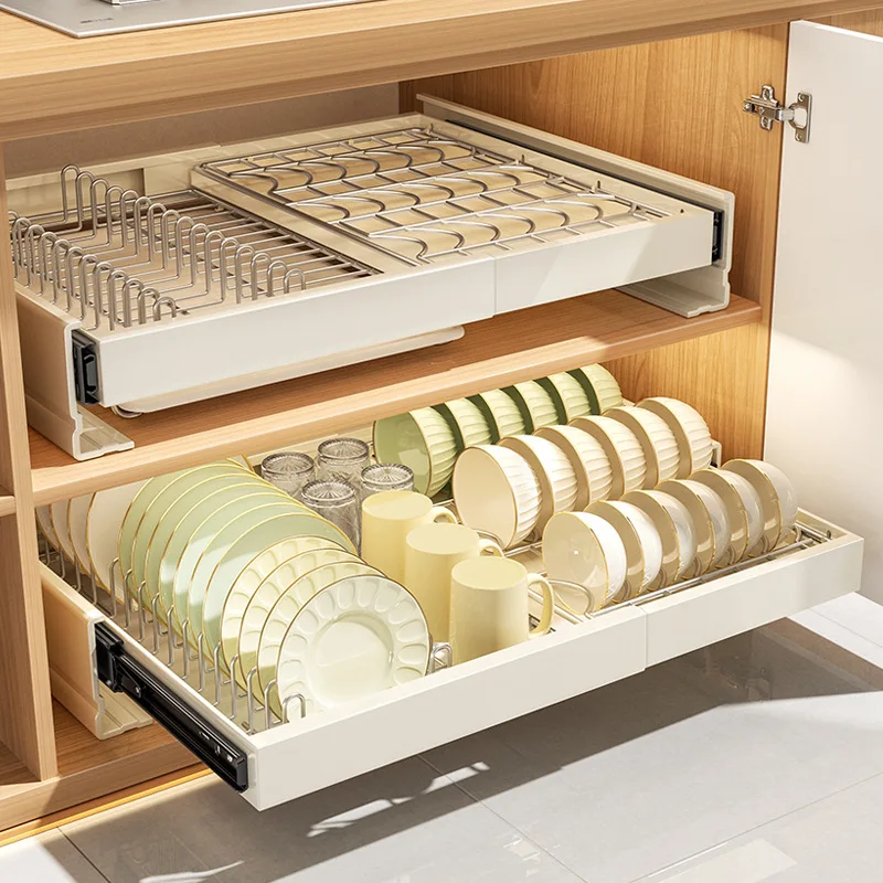 Dish rack, storage rack, kitchen drawer type retractable basket, dish drain rack in cabinet