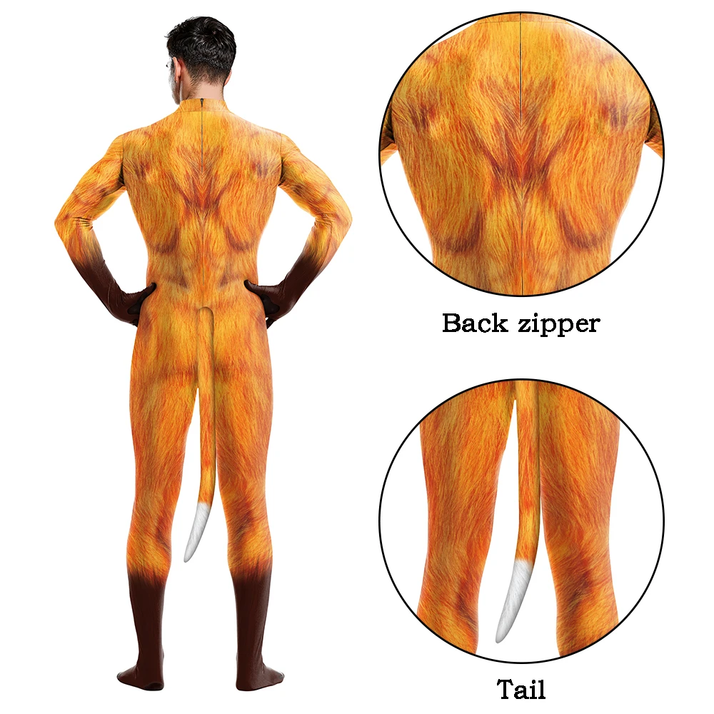 Sexy Cosplay Animal Skin Grain Print Costumes Unisex Full Cover Elastic Sex Party Bodysuits Zentai with Tail Gay Jumpsuits