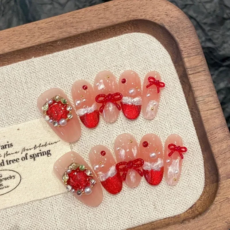 10Pcs Red Handmade Almond Press on Nails 3D Bow&Wreath with Pearl Design Acrylic French Nail Tips for Women&Girls Daily Wear