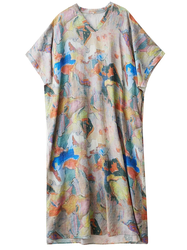 Summer Floral Print Vaion Sle Travel Long V-Ne Retro Cotton Linen Dr Knee-Length Meat Concealing Straight Cut Gown