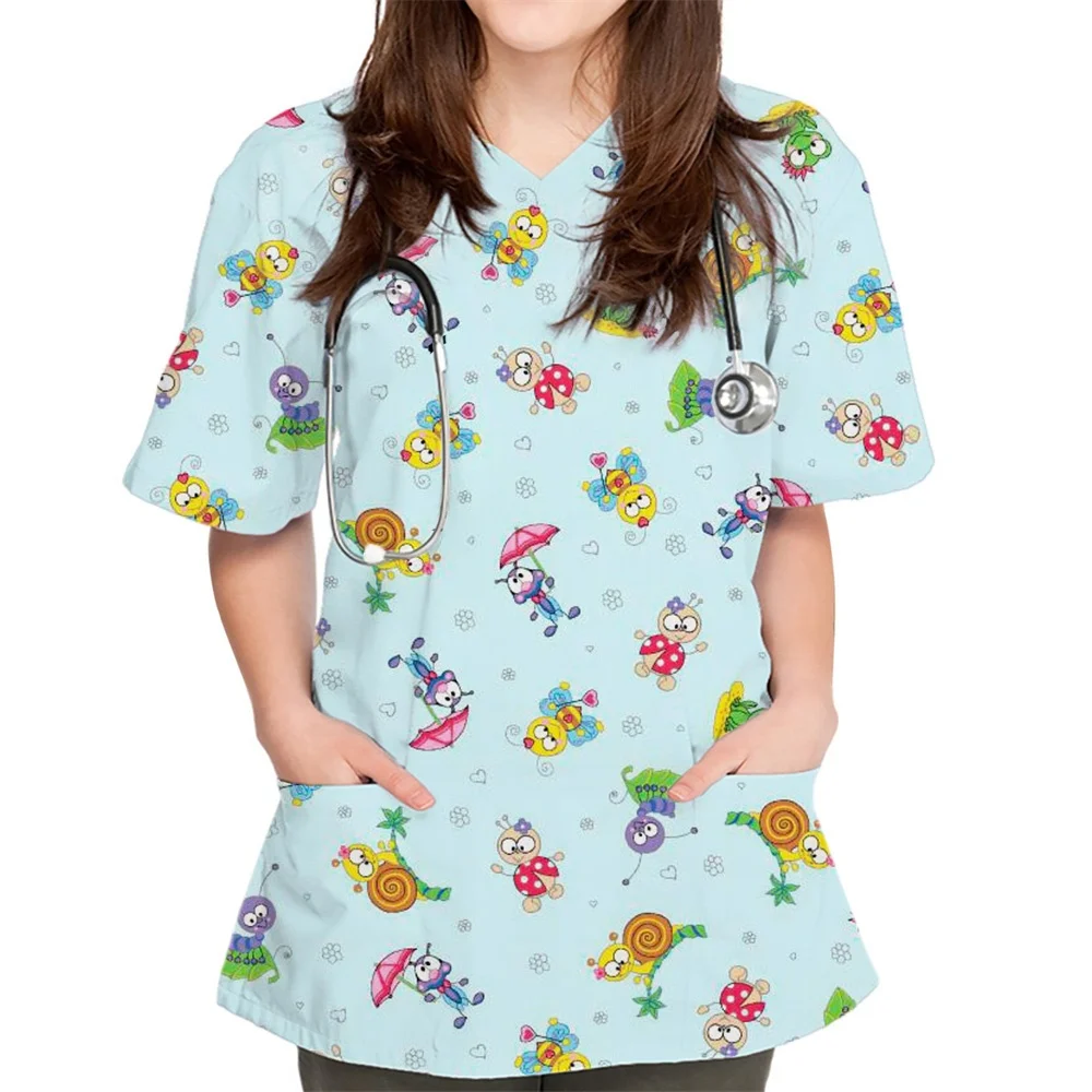 Женские футболки, рабочая форма с v-образным вырезом для женщин, милые топы с 3D принтом динозавра, милая униформа медсестры с животными, блузка, карманная рабочая одежда