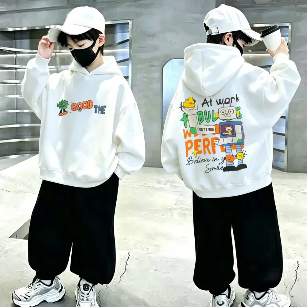 New Kids' Hoodie – Loose Fit – Fun Robot and Letter Print – Unisex Style for Boys and Girls (Autumn/Winter)