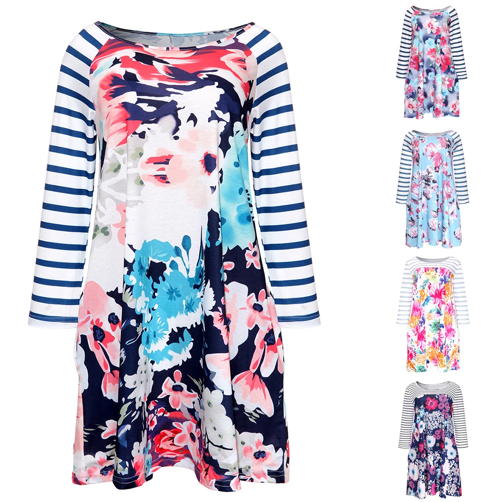 Femmes fille col rond épissage Foral rayure Mini robe poche latérale robe à manches longues