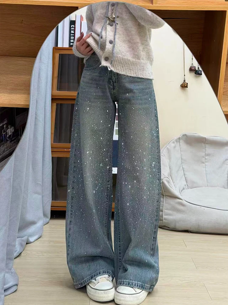 High Waist Wide Leg Jeans Women's Loose Fit Shiny Sequin Slimming Long Pants Spring Season plus Size Fat MM Short Stature