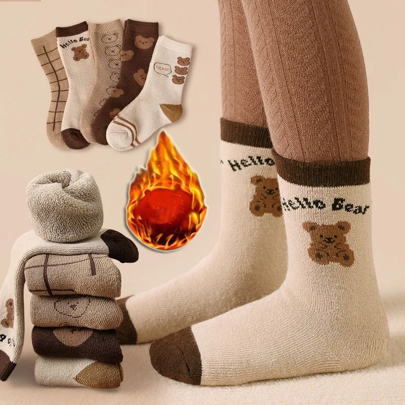 5 Pairs/lot Socks Winter Thermal Kid's Socks Child Boy's Girl's Cartoon Bear Warm Cotton Socks Toddler Plush socks