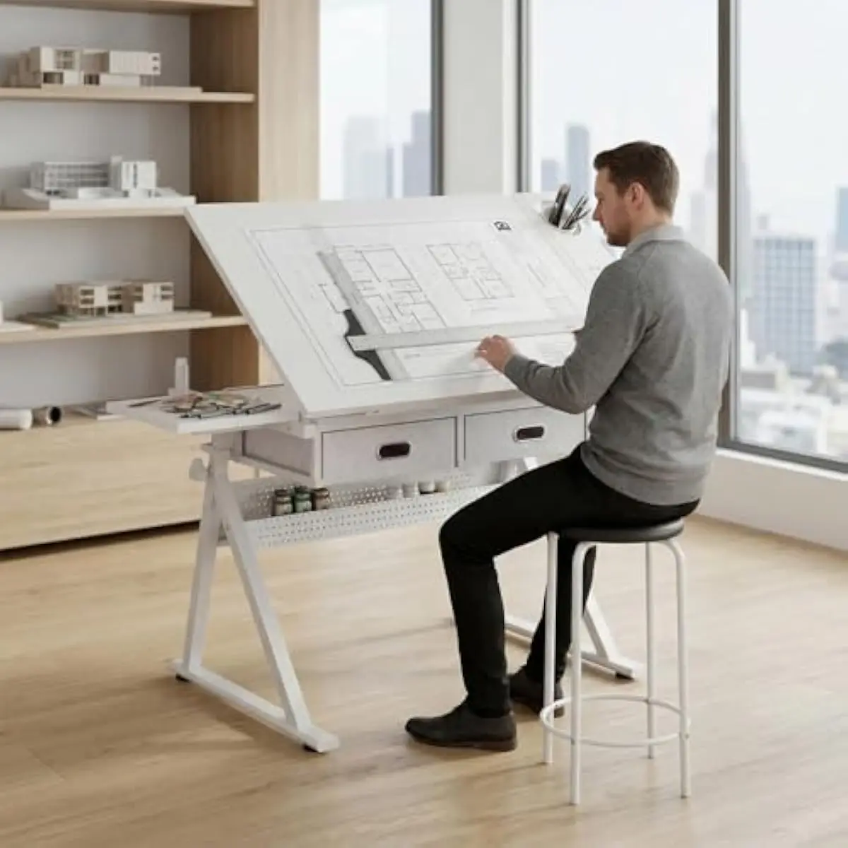 Drafting workstation with dual-tier tabletop adjustable from 0 to 75 degrees and height range 26.77 to 35.82 inches featuring st