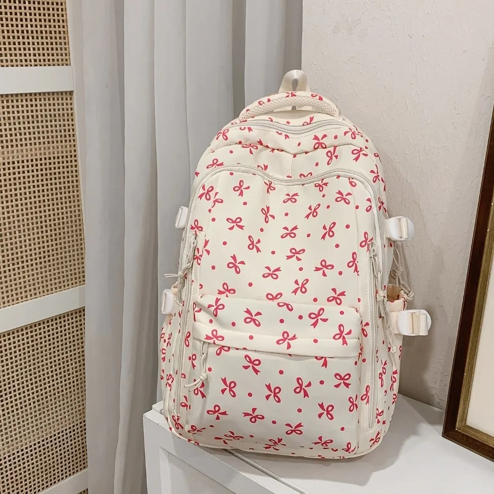 Large Capacity Floral Print Backpack Multi-compartment Thickened Bow Pattern School Bag Lightweight Durable Rucksack Travel