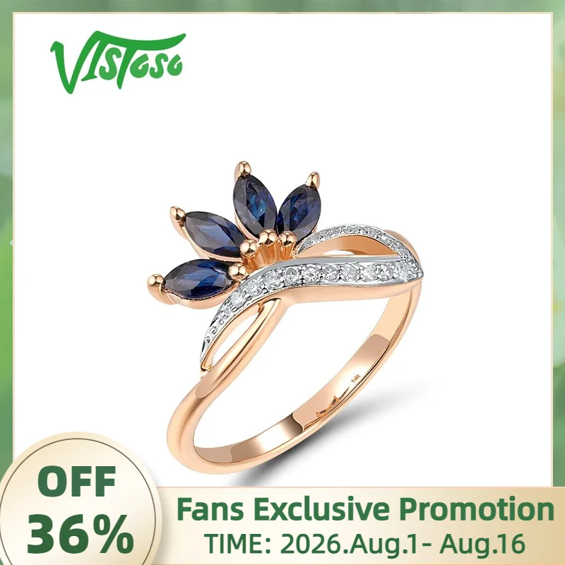 VISTOSO Real 14K 585 Rose Gold Ring For Women Ring Sparkling Diamond Blue Sapphire Luxury Wedding Engagement Chic Fine Jewelry