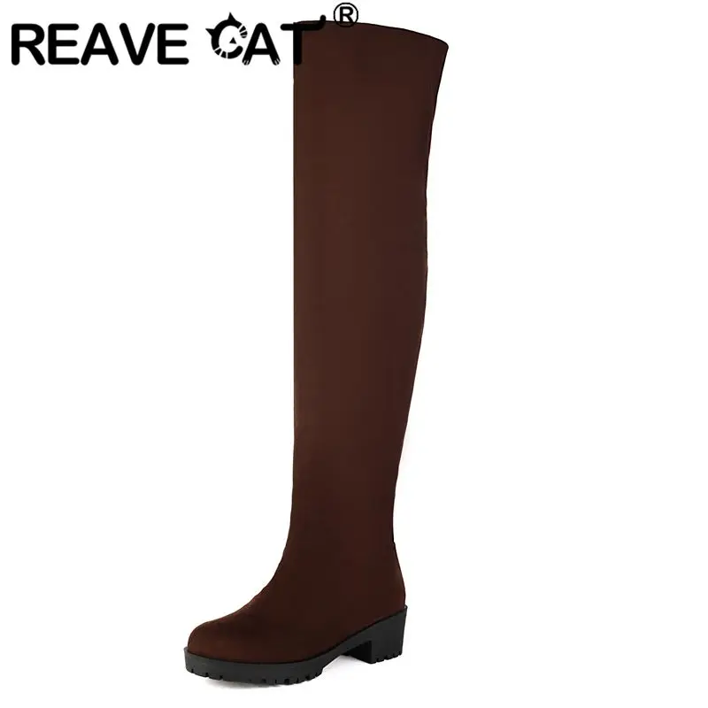 REAVE CAT 2027  Ladies Over Knee Boots Round Toe Flock Suede Block Heels 4.5cm Plus Sizes US12 44 US14 46 Brown Thigh Footwear