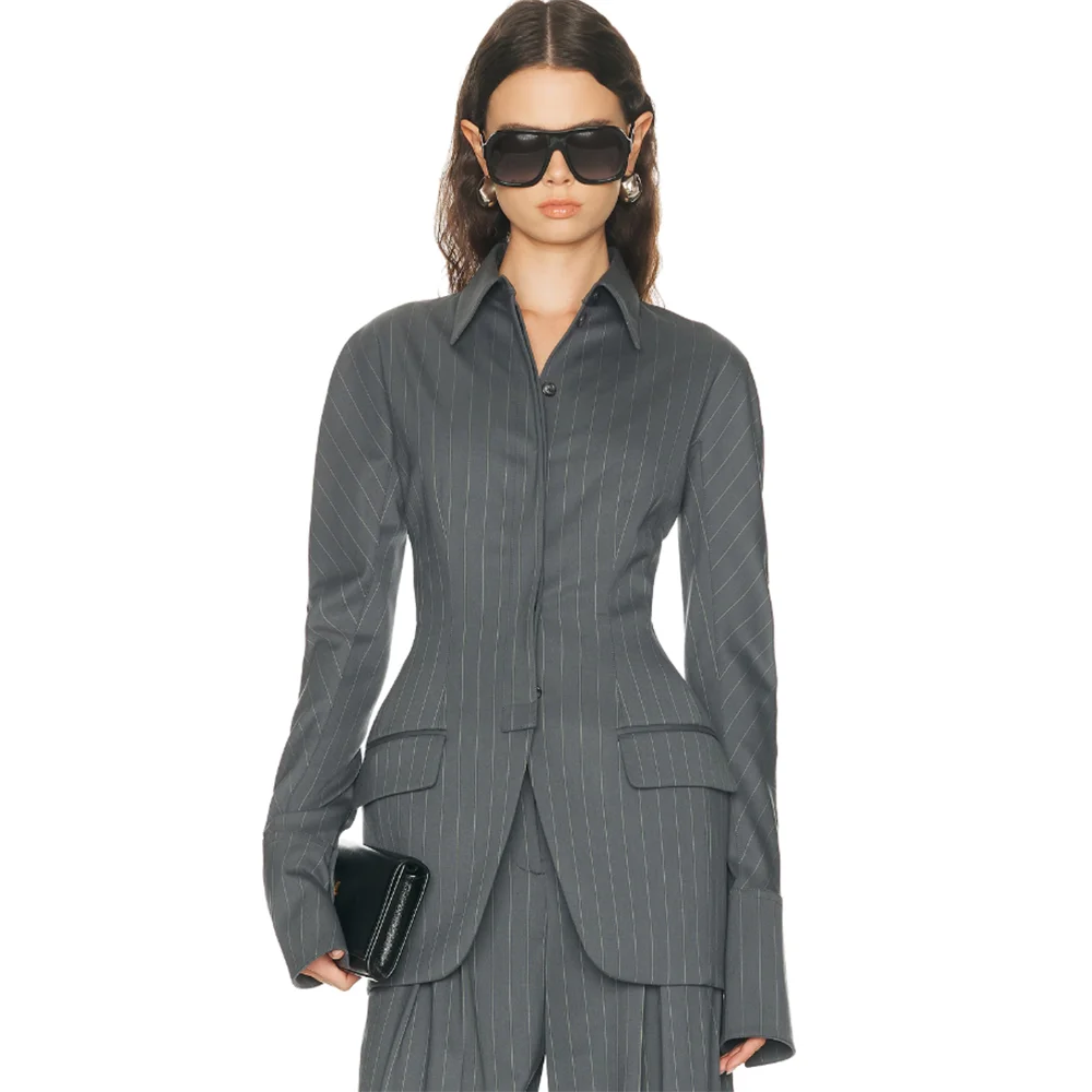 Chic Grey Pinstripe Women's Blazers and Suit Sets Tailored Slim Fit 2 Piece Set Jacket Wide Leg Pants Formal Office Lady Outfit