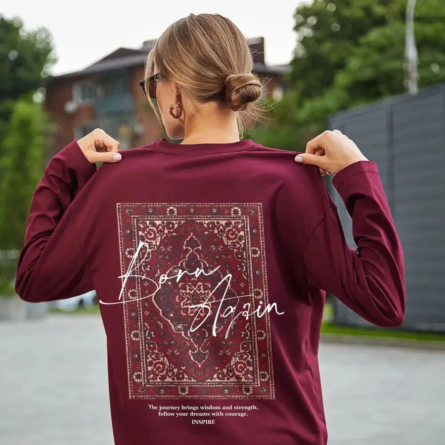 Chemises rouge vin au Design de rue russe, hauts graphiques imprimés au dos, en pur coton, à manches longues, amples